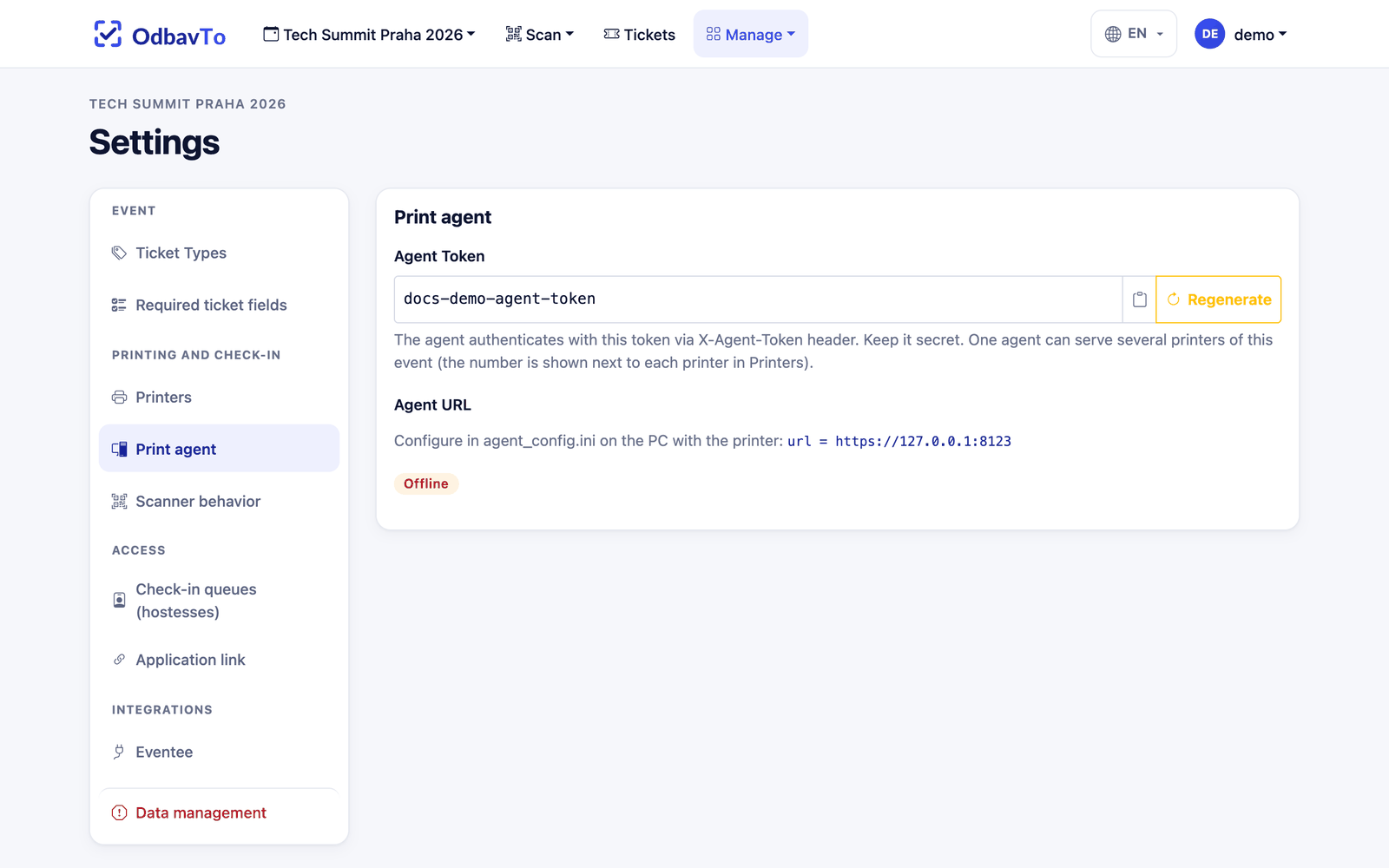 Print agent token in settings