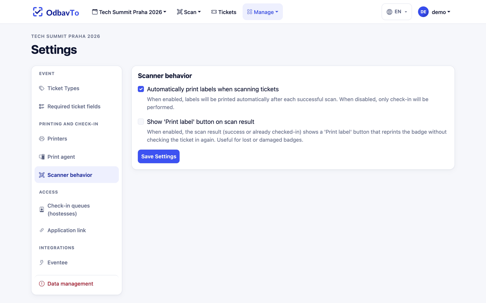Scanner behavior settings